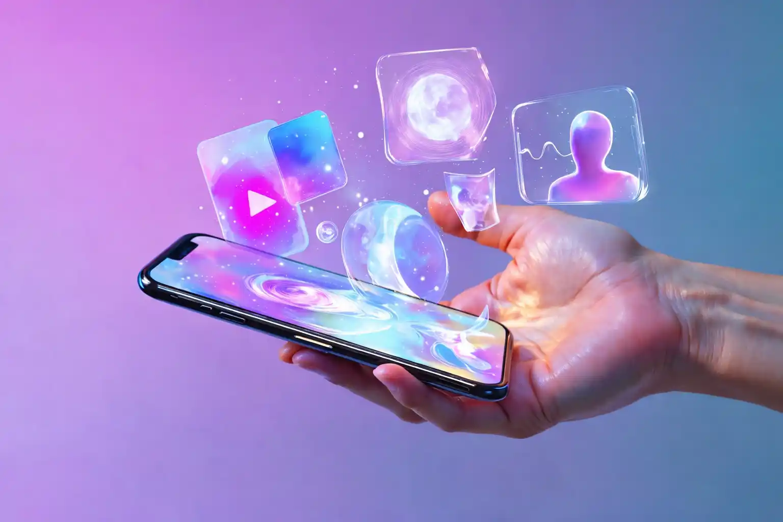 Mano sosteniendo un teléfono del que salen íconos de video, perfiles y publicaciones